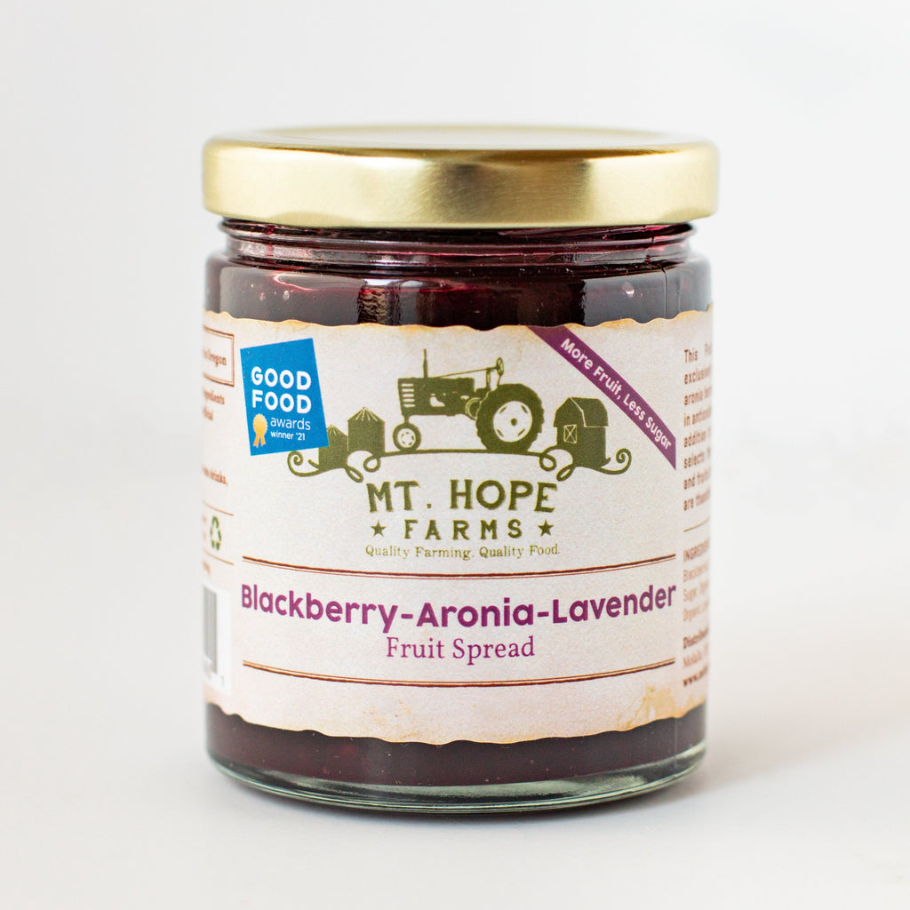 Blackberry Aronia Lavender fruit spread, jam, jelly, bake with brie, low sugar, Mt. Hope Farms, Molalla, Oregon, best fruit spread, jam, jelly, nature in a jar, low sugar blackberry jam, Aronia berries